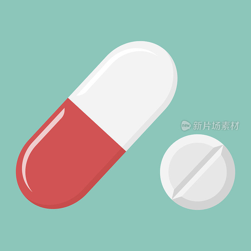 药丸平面图标，药品和保健，药品符号矢量图形，彩色固体图案上的青色背景，eps 10。